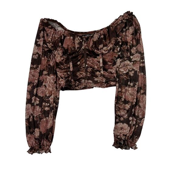 Dylan Ryan Blouse Top Women M Brown Ruched Bustier Sheer Floral Fairy - Picture 5 of 14